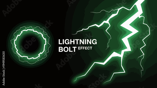 A digital illustration showcases a vibrant green lightning bolt effect with a circular energy pattern and glowing text high quality professional detailed modern elegant stylish clean