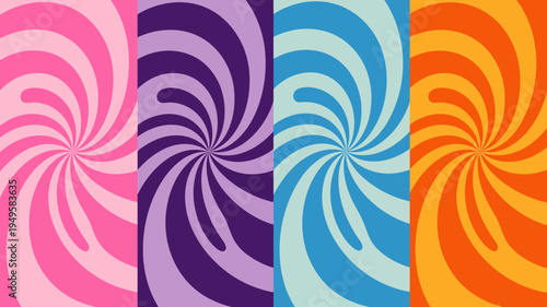 A vibrant display of four swirling patterns each in a different bold color pink purple blue and orange high quality professional detailed modern elegant stylish clean
