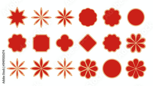 A collection of vibrant red decorative seals or emblems featuring various floral and geometric designs with golden outlines high quality professional detailed modern elegant stylish clean