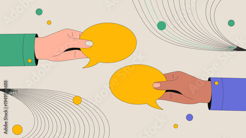 Two hands one light and one dark skinned each holding a yellow speech bubble in a minimalist illustration high quality professional detailed modern elegant stylish clean