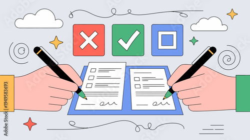 An illustration depicts hands holding pens over forms with check boxes representing choices and decision making processes high quality professional detailed modern elegant stylish clean crisp