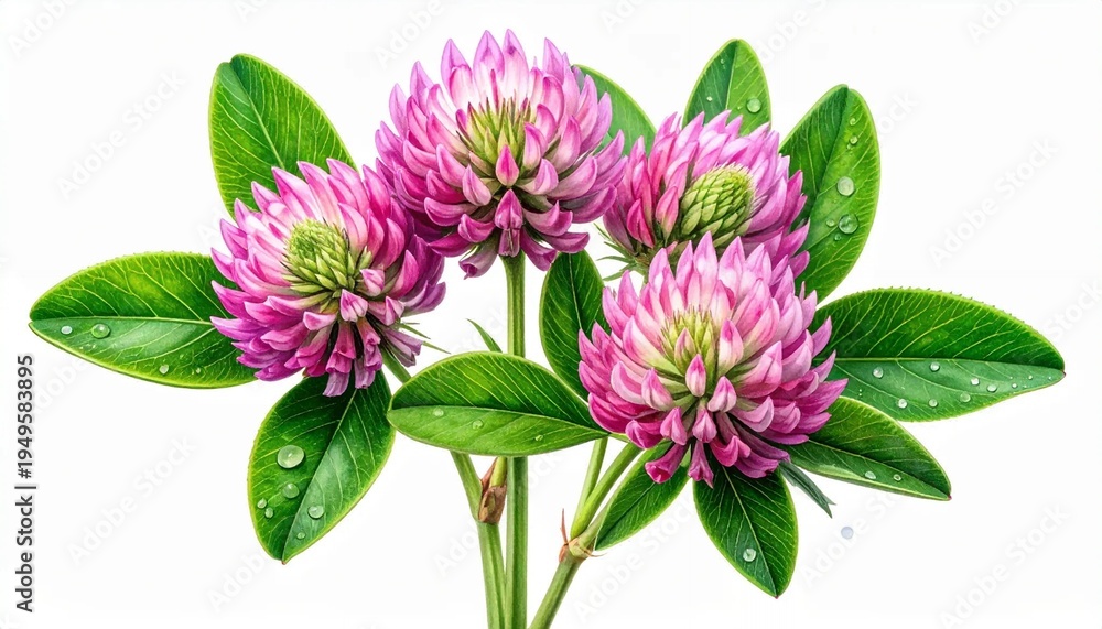 Fototapeta premium Vibrant Red Clover Blossoms with Dew Drops on White Background.