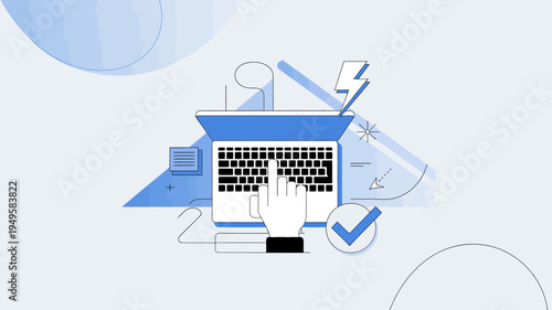 A blue illustration depicts a hand pressing a key on a laptop surrounded by digital icons and abstract shapes high quality professional detailed modern elegant stylish