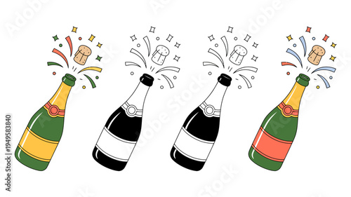 Four champagne bottles are depicted in varying color schemes showing corks popping and celebratory sparkles emanating from each high quality professional detailed modern elegant stylish clean