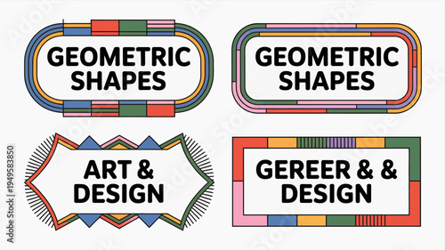 A vibrant composition showcasing four rectangular labels adorned with bold geometric shapes and text reading geometric shapes and art design high quality professional detailed modern elegant
