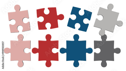 An arrangement of eight colorful jigsaw puzzle pieces is displayed against a stark white background showcasing various shades and shapes high quality professional detailed modern elegant
