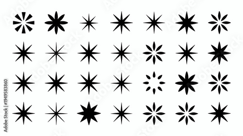 A collection of stylized black starburst shapes are arranged on a clean white background evoking a retro or vintage aesthetic high quality professional detailed modern elegant