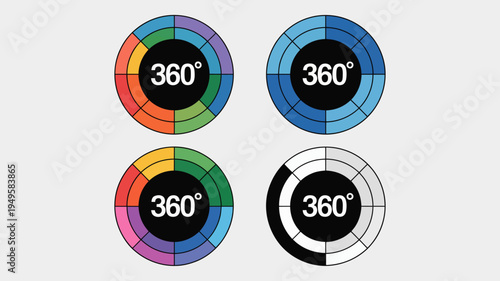 Four circular graphics display the number 360 each divided into colorful pie charts with varying color schemes high quality professional detailed modern elegant stylish clean crisp
