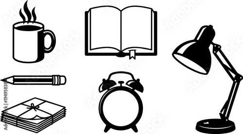 Black and white vector icons of steaming coffee mug open book pencil stack of letters alarm clock and adjustable desk lamp