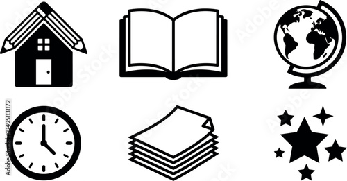 Black and white flat design icons set with house pencils open book globe clock stack paper and stars symbols