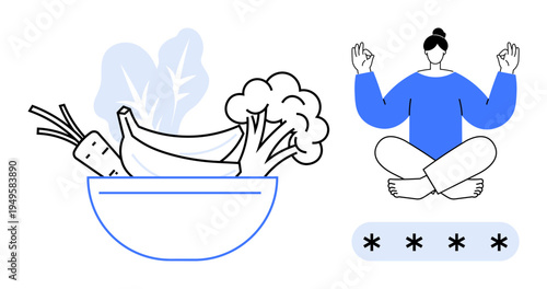 Healthy living, mindfulness, online security, balanced diet, digital safety, self-care. Bowl of fresh vegetables, person in yoga pose password protection. Healthy living and mindfulness theme