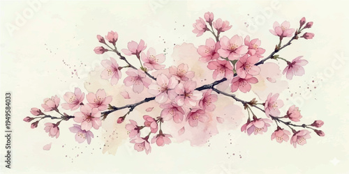 Minimalistic watercolor sakura branch without leaves.