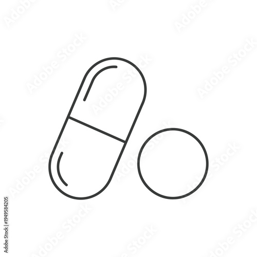 A simple illustration of a capsule and pill in black lines on white