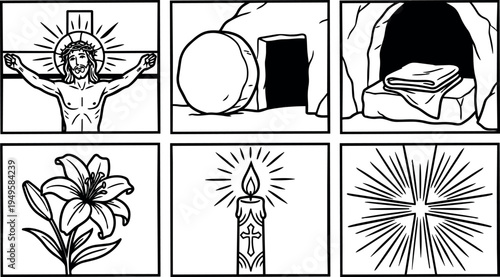 Black and white line art vector of crucified jesus with crown of thorns and resurrection symbols including empty tomb lily candle and radiant cross