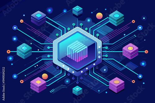 Isometric digital interface features a central glowing cube composed of stacked blue and purple layers connected via complex neon pathways to peripheral purple nodes.