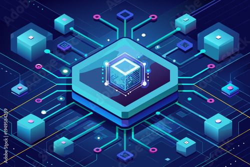 Centralized digital storage square graphic shows stacked turquoise data blocks linked by illuminated lines to surrounding satellite nodes on a dark interface.
