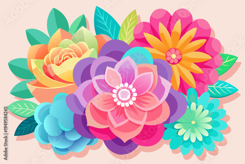 Intricate cluster of layered colorful stylized blossoms shows shades of purple, pink, and yellow, accented by teal leaves against a faint peach background setting.