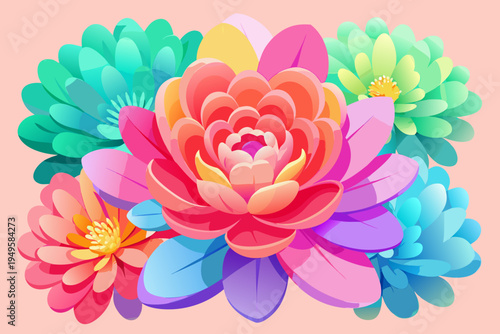 Large central lotus-like flower surrounded by smaller colorful blooms and broad leaves presents a central focal point for cheerful naturalistic seasonal advertising material.