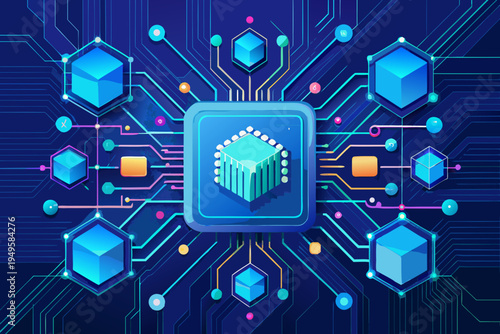 Central processing unit chip connects to surrounding glowing blue hexagonal data cubes through illuminated circuit traces representing complex digital technology and decentralized networks.