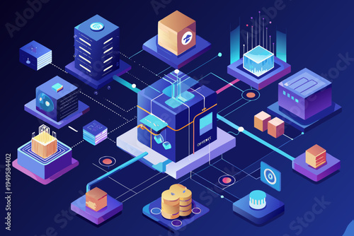 Centralized computer server cluster anchors a complex web of data storage cylinders and abstract digital modules in a futuristic, neon-lit isometric system overview graphic.