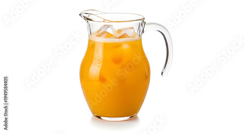 Glass pitcher with fresh juice and ice cubes, isolated on White background