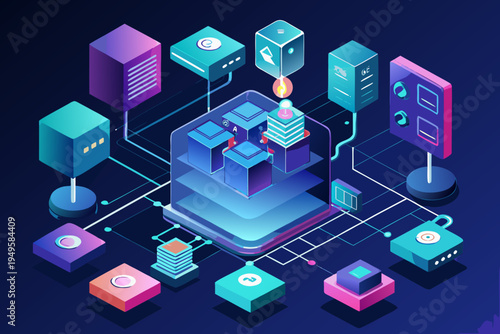 Glowing modular blocks representing data components and servers are linked by vibrant blue lines showing centralized processing power in a dark three dimensional technological diagram.