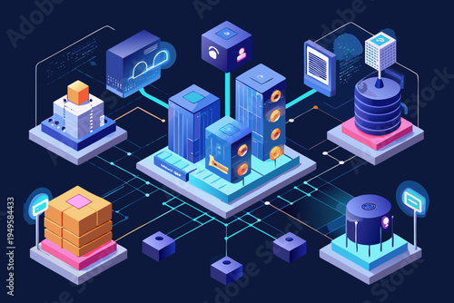 Isometric digital infrastructure visualization depicts interconnected servers, data storage units, and network pathways within a dark, high-tech environment for cloud computing concepts.