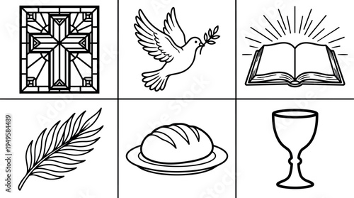 Black line art vector icons of stained glass cross dove book palm bread and chalice arranged in simple grid composition