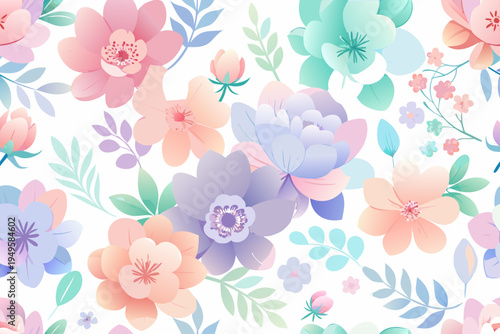 Pastel watercolor floral pattern features soft pink, lavender, and aqua blossoms densely covering a light background surface, ideal for textile design.