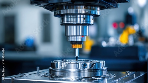Highly precise industrial milling machine operating on a metal component in a modern manufacturing facility