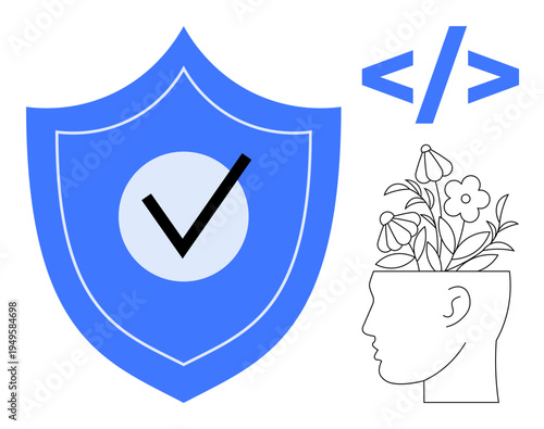 Shield with checkmark representing cybersecurity, code snippet bracket, and head with flowers symbolizing mental growth. Ideal for technology, security, creativity, mindfulness, innovation