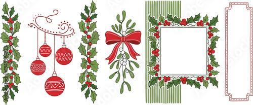 Christmas holly decorative frames set, festive winter border collection, mistletoe ribbon ornament design, holiday greeting card elements vector