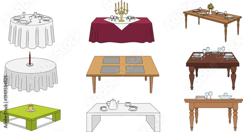 Collection of various dining tables, restaurant table settings, wooden furniture styles, coffee tables, home interior decor illustration set for stock