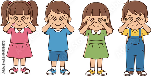 Cute cartoon kids playing peekaboo, happy children covering eyes illustration set, boys and girls vector playful childhood game