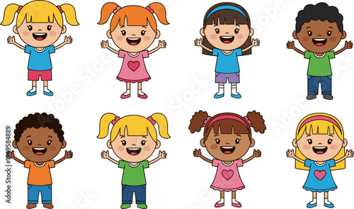 Cute diverse cartoon kids characters collection, happy children waving illustration set, multicultural boys and girls vector playful childhood design