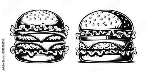 Black and White Double Cheeseburger Illustration, Detailed Patty Double Cheeseburger, Vintage Engraving Style Double Cheeseburger vector Illustration