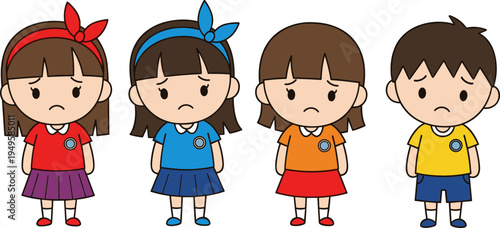 Sad cartoon kids characters set, unhappy children emotions illustration, boys and girls expressing sadness vector childhood feelings