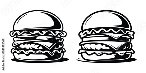 Gourmet Double Cheeseburger Illustration, Smooth Style Gourmet Double Burger Monochrome Illustration, Classic Stacked Double Cheeseburger Illustration Duo in Vintage Ink Style