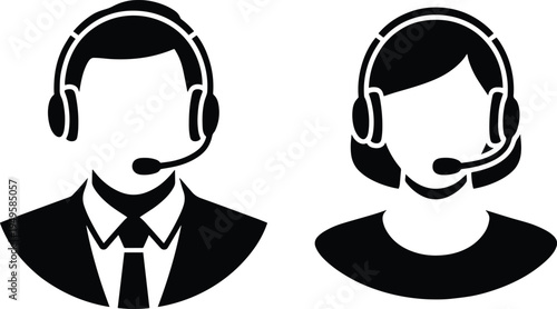Male and Female Customer Service Agent Icon, Professional Call Center Operator Male and Female Avatar Icon, Business Customer Care Representative Man and Woman Headset Icon