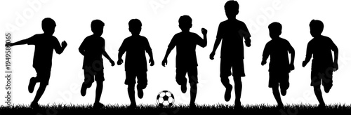 Kids playing soccer silhouette, children football game vector, happy boys running with ball, youth sport activity, playground teamwork illustration