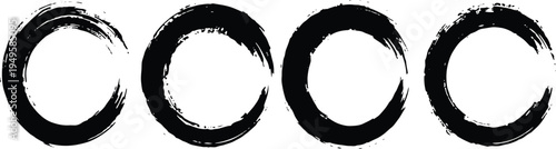 Four black brush stroke circles in a row on white background for design and decoration purposes  used for artistic and creative projects