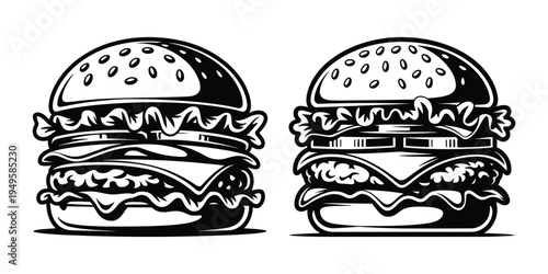 Stacked Sesame Bun Double Burger Illustration Pair in Bold Ink and Detailed Linework Style with Lettuce, Cheese, Beef Patty, and Sauce for Fast Food Restaurant Branding