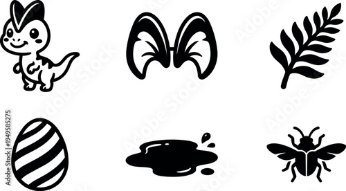 Cute baby dinosaur smiling with large ears fern leaf decorated egg mud puddle and bee silhouette simple black icons set