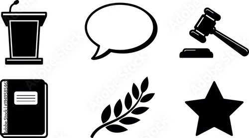 Black and white minimalist vector icons of podium speech bubble judge gavel law book laurel branch and star symbol set