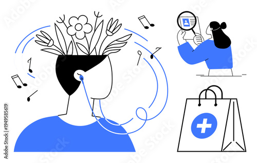 Mental wellbeing. Visual ation of mental wellbeing through music therapy, self-care practices, and healthcare-related imagery. Mental wellbeing supported by art and relaxation. Ideal for healthcare