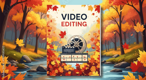 Video Editing Elements within a Vibrant Autumn Forest Illustrated Landscape EPS10 Stock.eps