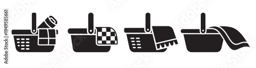 Picnic basket with draped blanket silhouette icon set