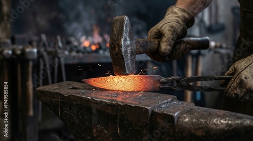 Blacksmith forging glowing damascus steel blade on anvil