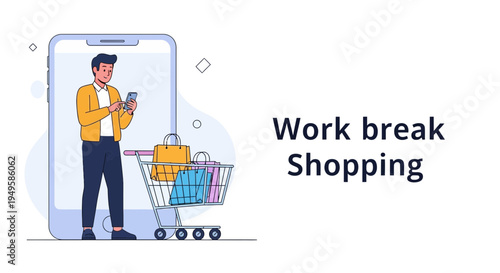 Man Shopping Online on Phone During Work Break with Shopping Cart