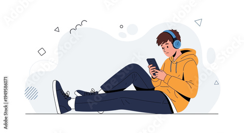 Young man with headphones using smartphone, relaxing with music and abstract background